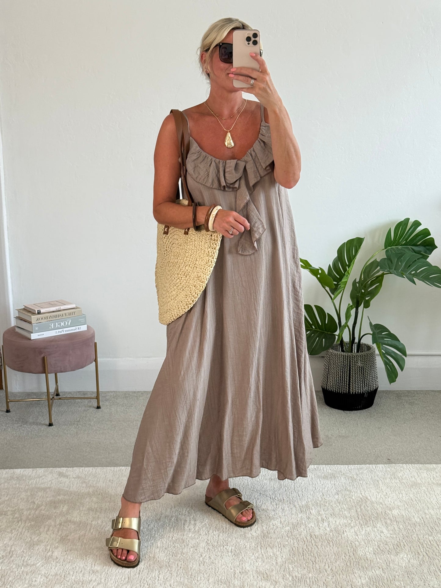 Mocha Ruffle Front Strappy Maxi Dress