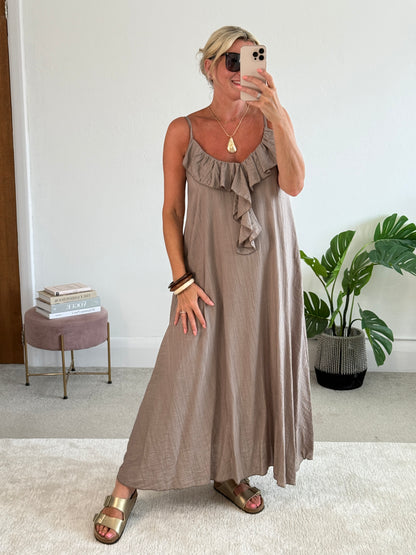 Mocha Ruffle Front Strappy Maxi Dress