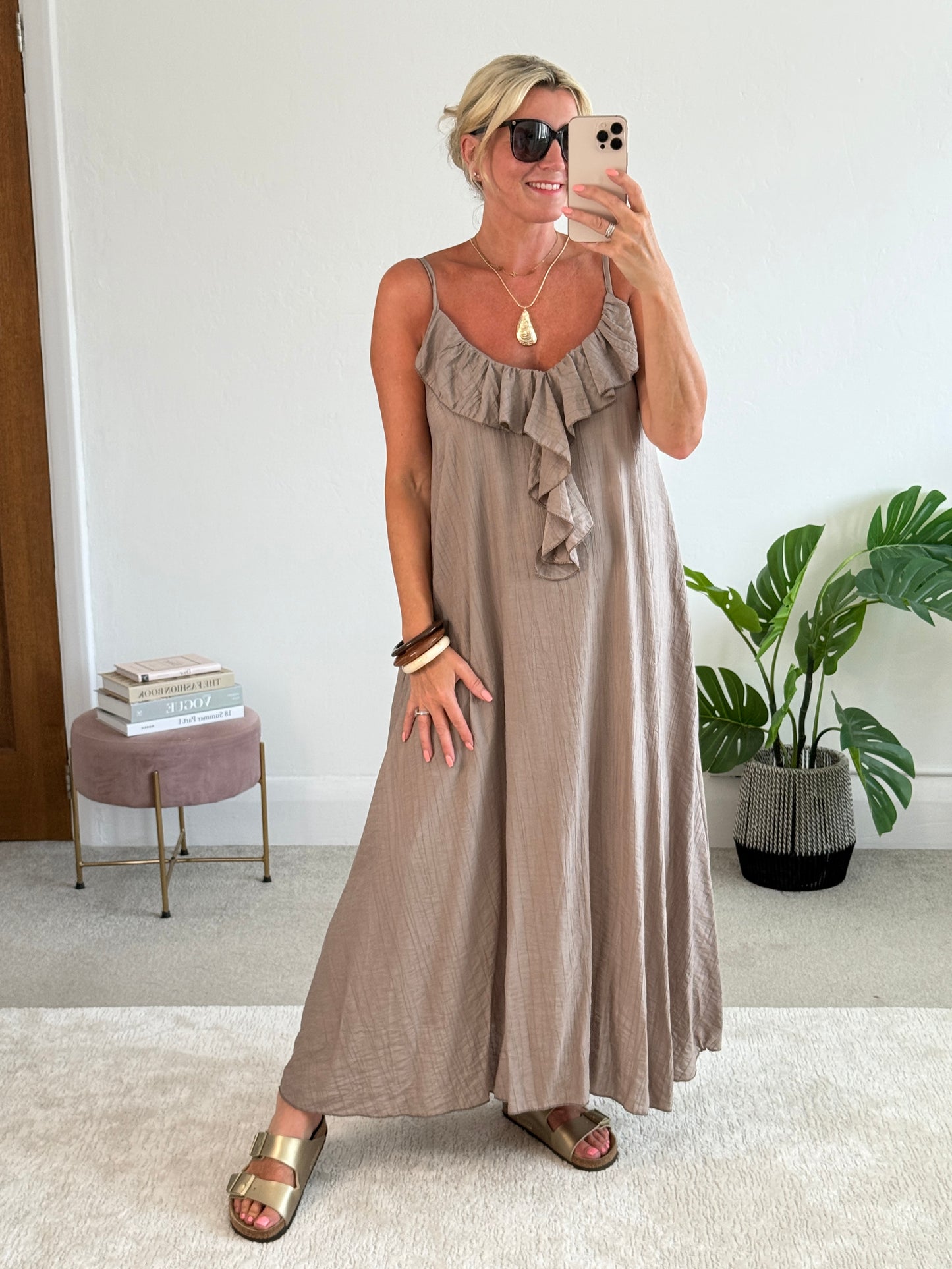 Mocha Ruffle Front Strappy Maxi Dress