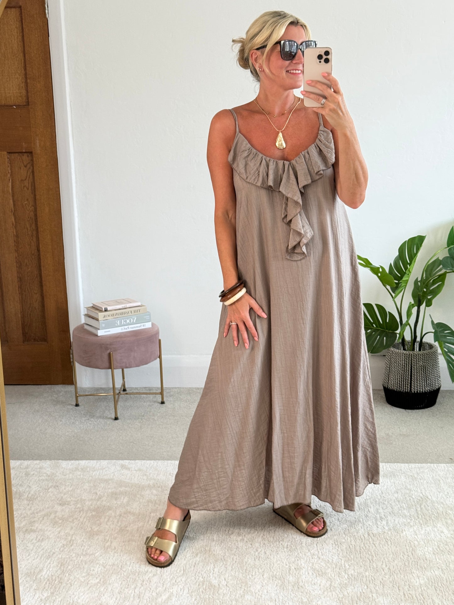 Mocha Ruffle Front Strappy Maxi Dress