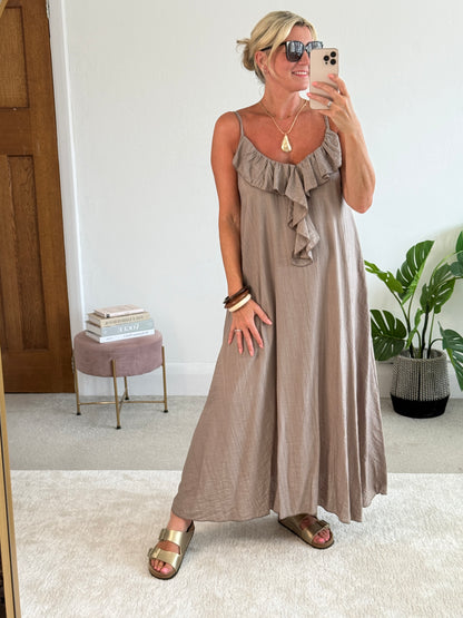 Mocha Ruffle Front Strappy Maxi Dress