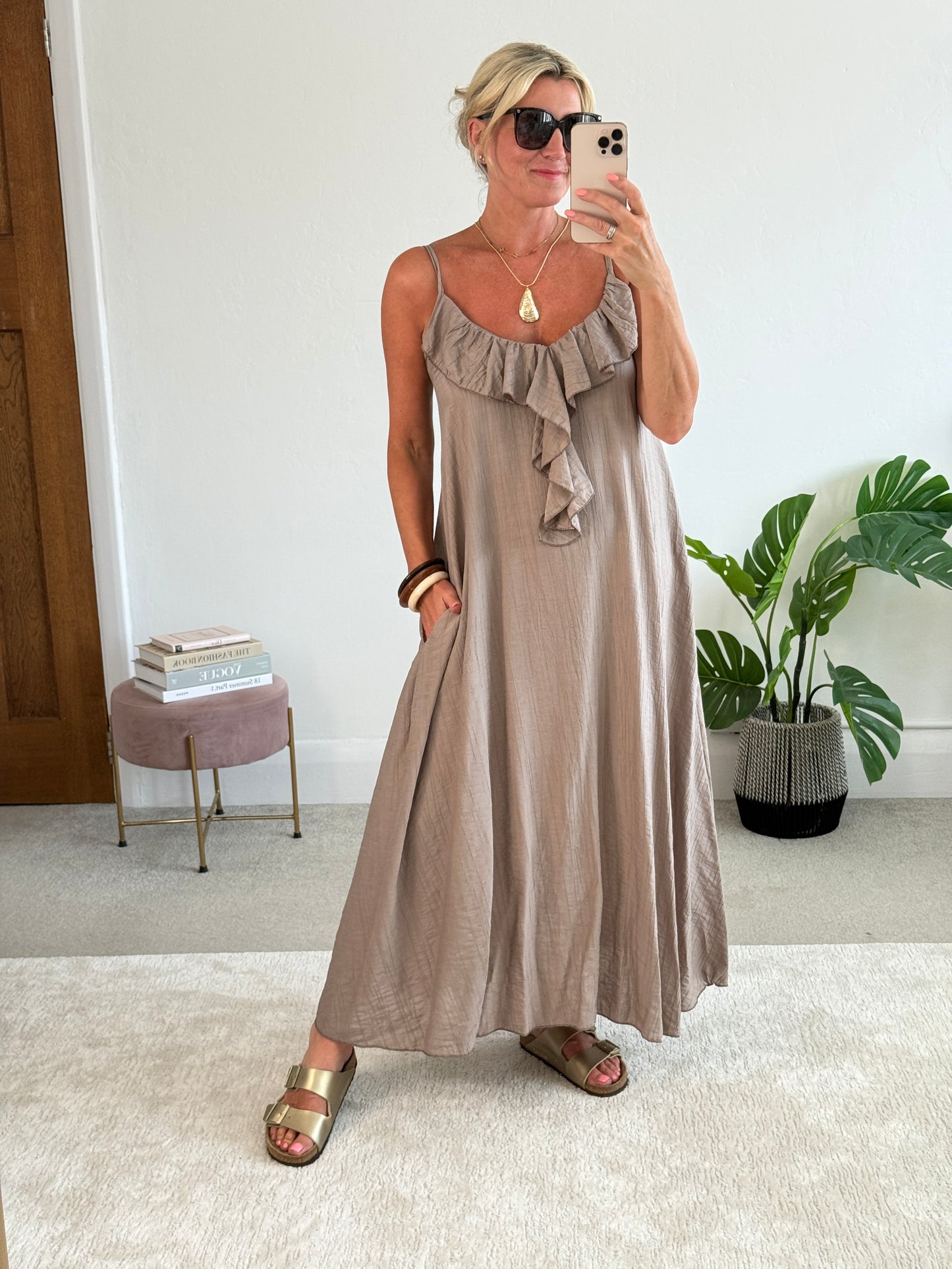 Mocha Ruffle Front Strappy Maxi Dress