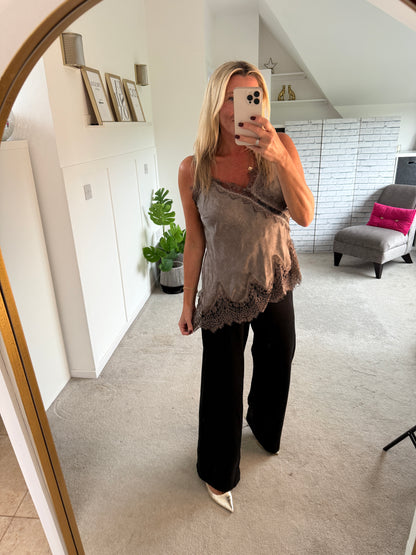 Mocha Satin Lace Asymmetric Cami Top