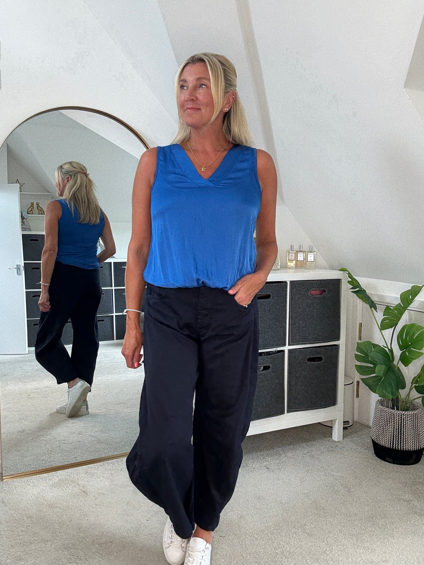 Navy Cotton Barrel Leg Jeans
