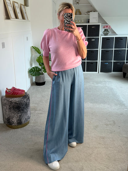 Chambray/Pink Stripe Wide Leg Trousers