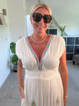 White Embroidered V Neck Grecian Maxi Dress