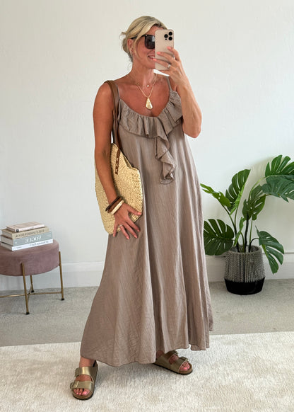 Mocha Ruffle Front Strappy Maxi Dress