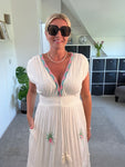 White Embroidered V Neck Grecian Maxi Dress