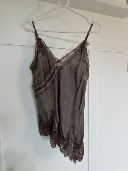Mocha Satin Lace Asymmetric Cami Top
