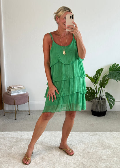 Green Silk Mix Strappy Frill Dress