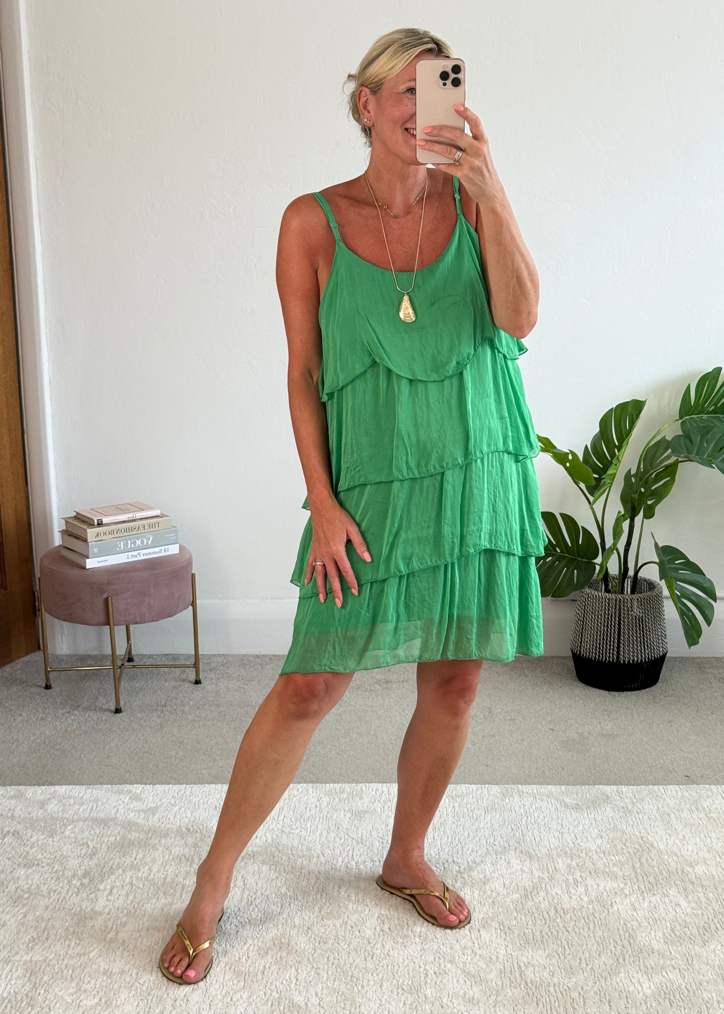 Green Silk Mix Strappy Frill Dress