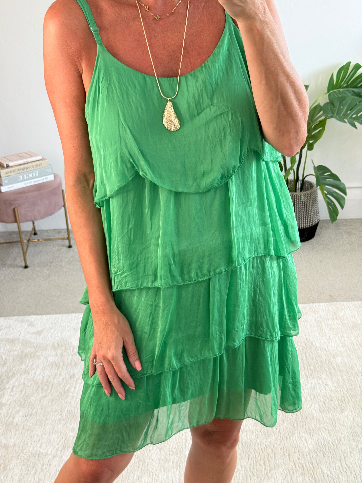 Green Silk Mix Strappy Frill Dress