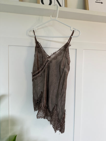Mocha Satin Lace Asymmetric Cami Top