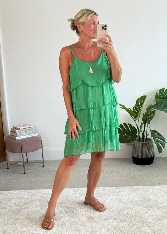 Green Silk Mix Strappy Frill Dress
