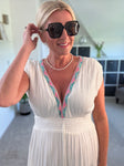White Embroidered V Neck Grecian Maxi Dress