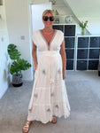 White Embroidered V Neck Grecian Maxi Dress