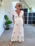White Embroidered V Neck Grecian Maxi Dress