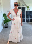 White Embroidered V Neck Grecian Maxi Dress