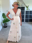White Embroidered V Neck Grecian Maxi Dress