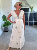 White Embroidered V Neck Grecian Maxi Dress