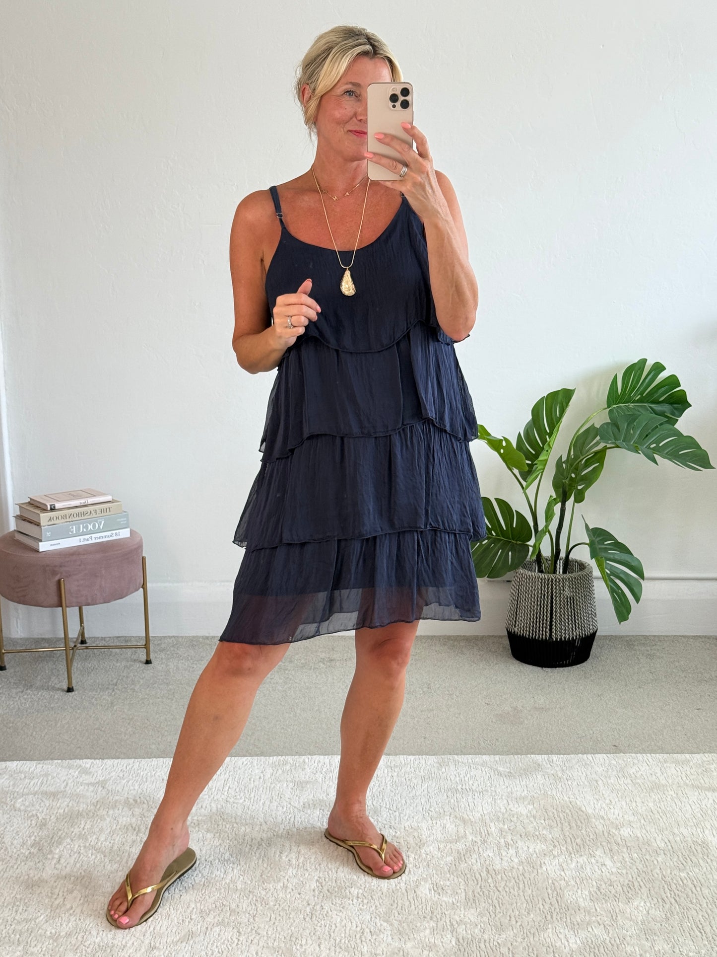 Navy Silk Mix Strappy Frill Dress
