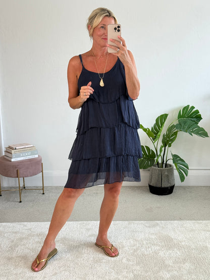 Navy Silk Mix Strappy Frill Dress