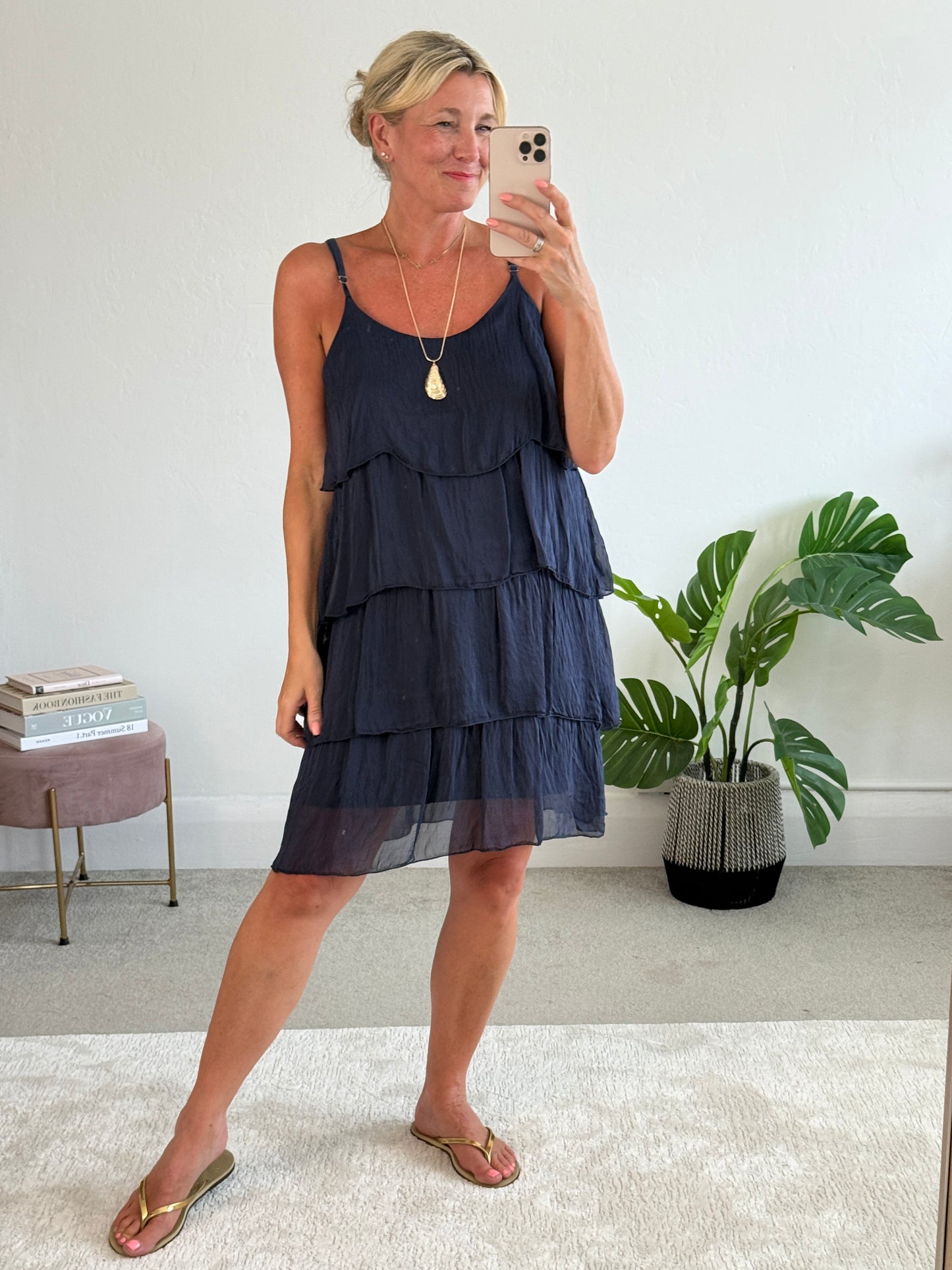 Navy Silk Mix Strappy Frill Dress