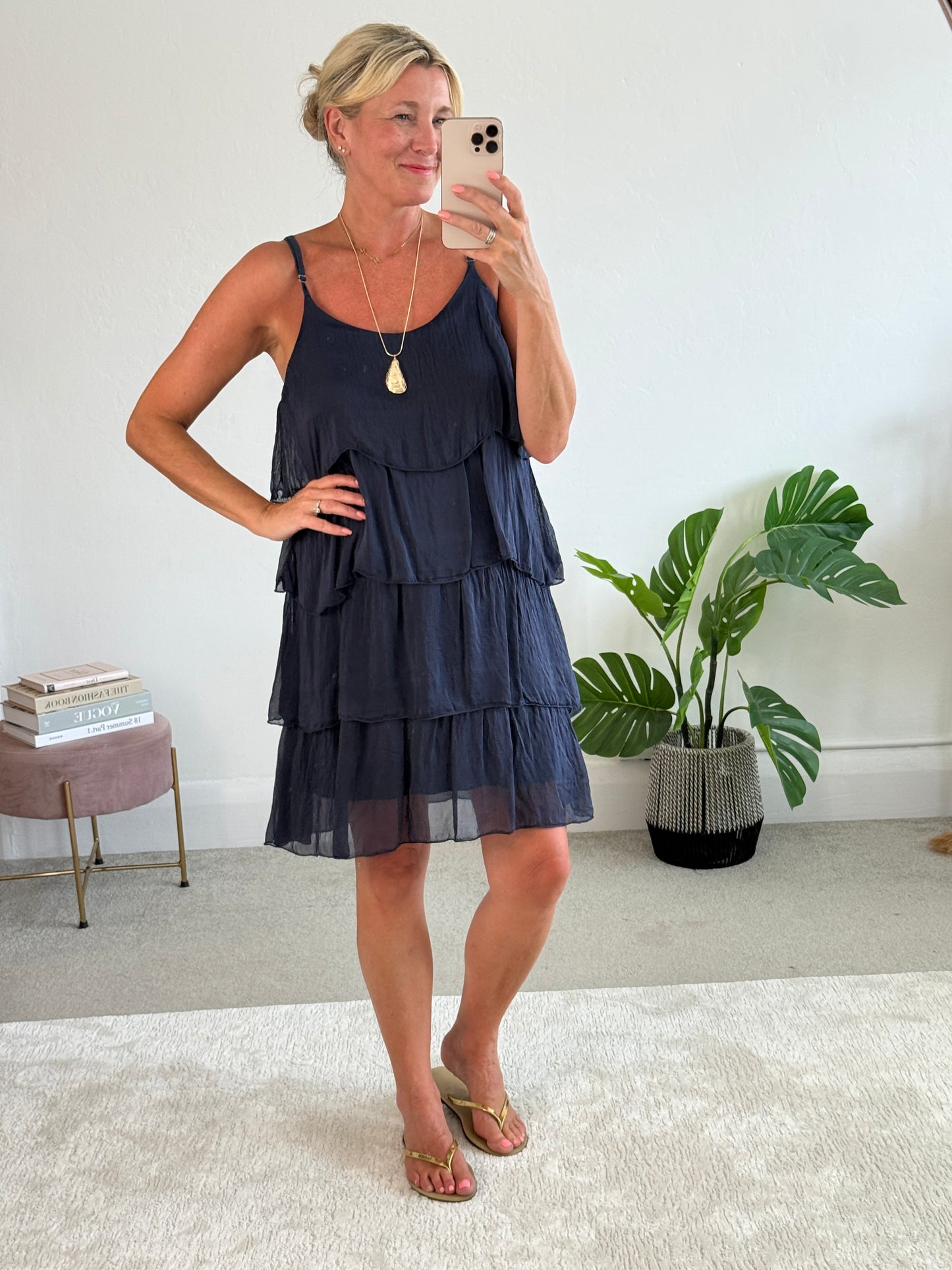 Navy Silk Mix Strappy Frill Dress