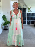 Mint/Neon Pink Ruffle Neck Palm Grecian Dress