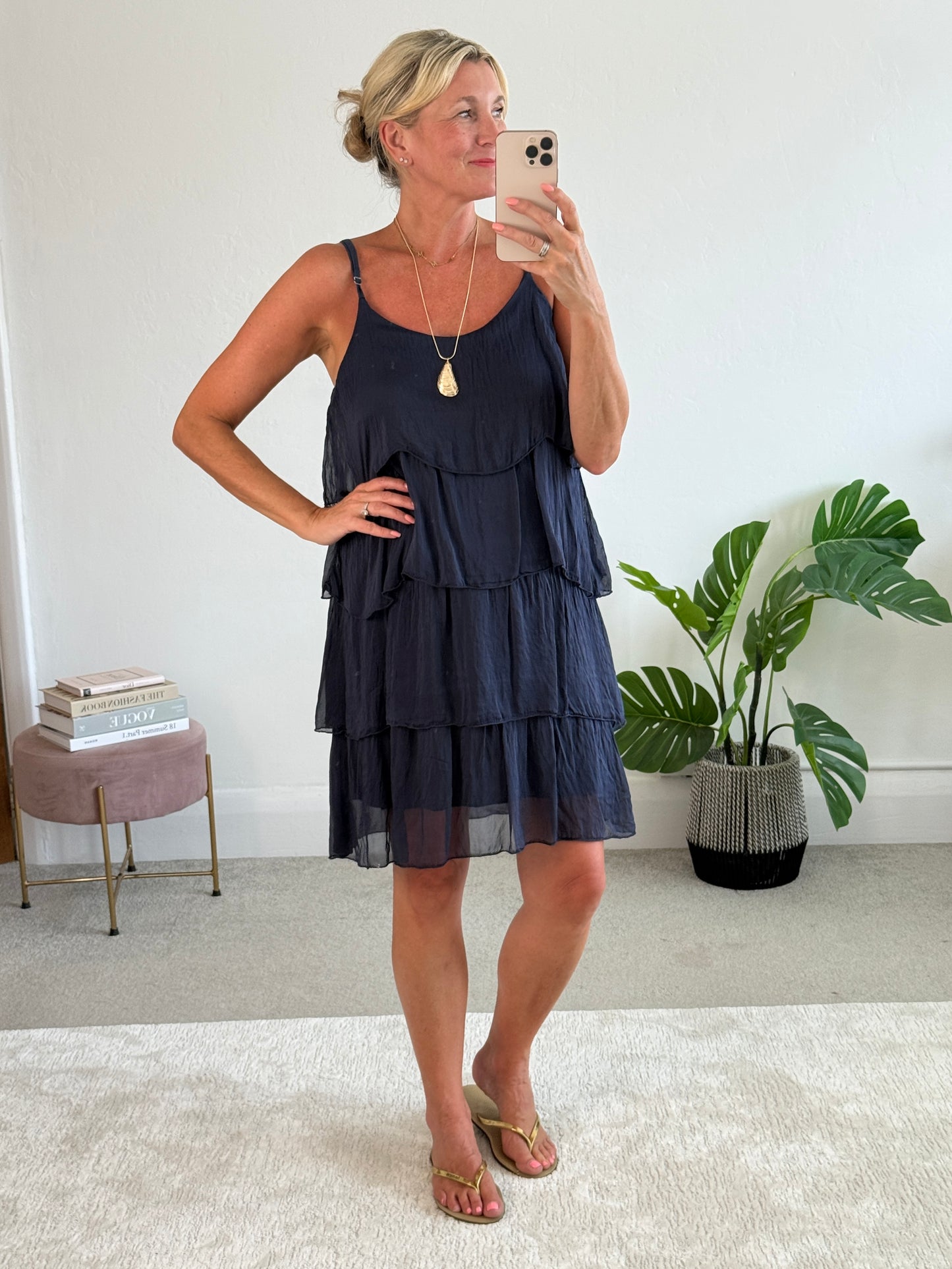Navy Silk Mix Strappy Frill Dress