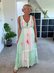 Mint/Neon Pink Ruffle Neck Palm Grecian Dress