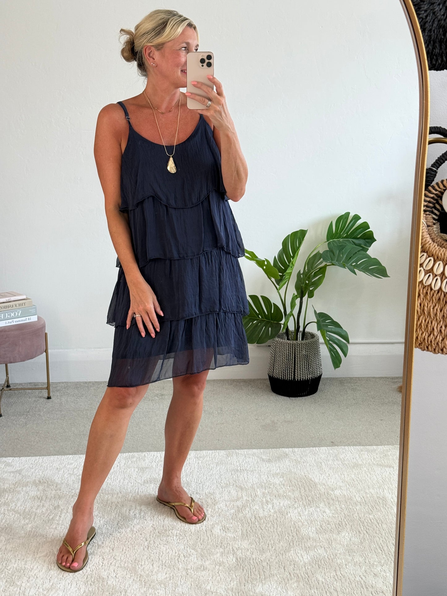 Navy Silk Mix Strappy Frill Dress