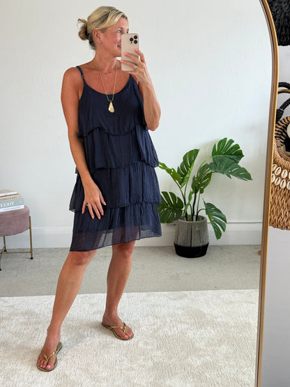 Navy Silk Mix Strappy Frill Dress