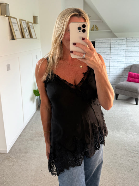 Black Satin Lace Asymmetric Cami Top
