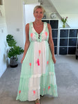 Mint/Neon Pink Ruffle Neck Palm Grecian Dress