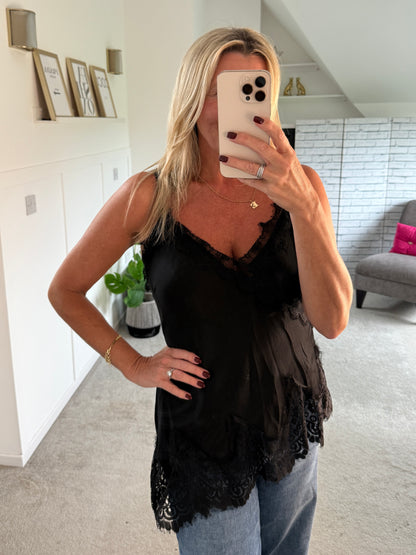 Black Satin Lace Asymmetric Cami Top