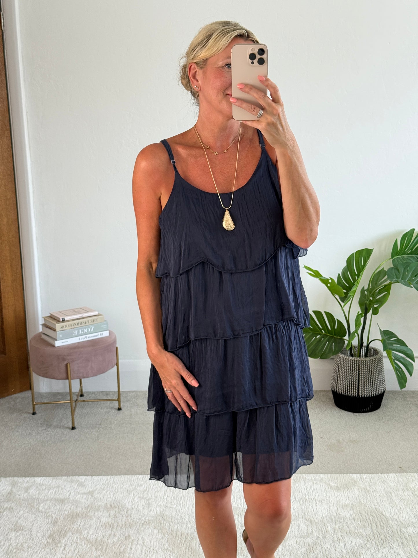 Navy Silk Mix Strappy Frill Dress