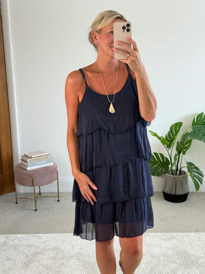 Navy Silk Mix Strappy Frill Dress