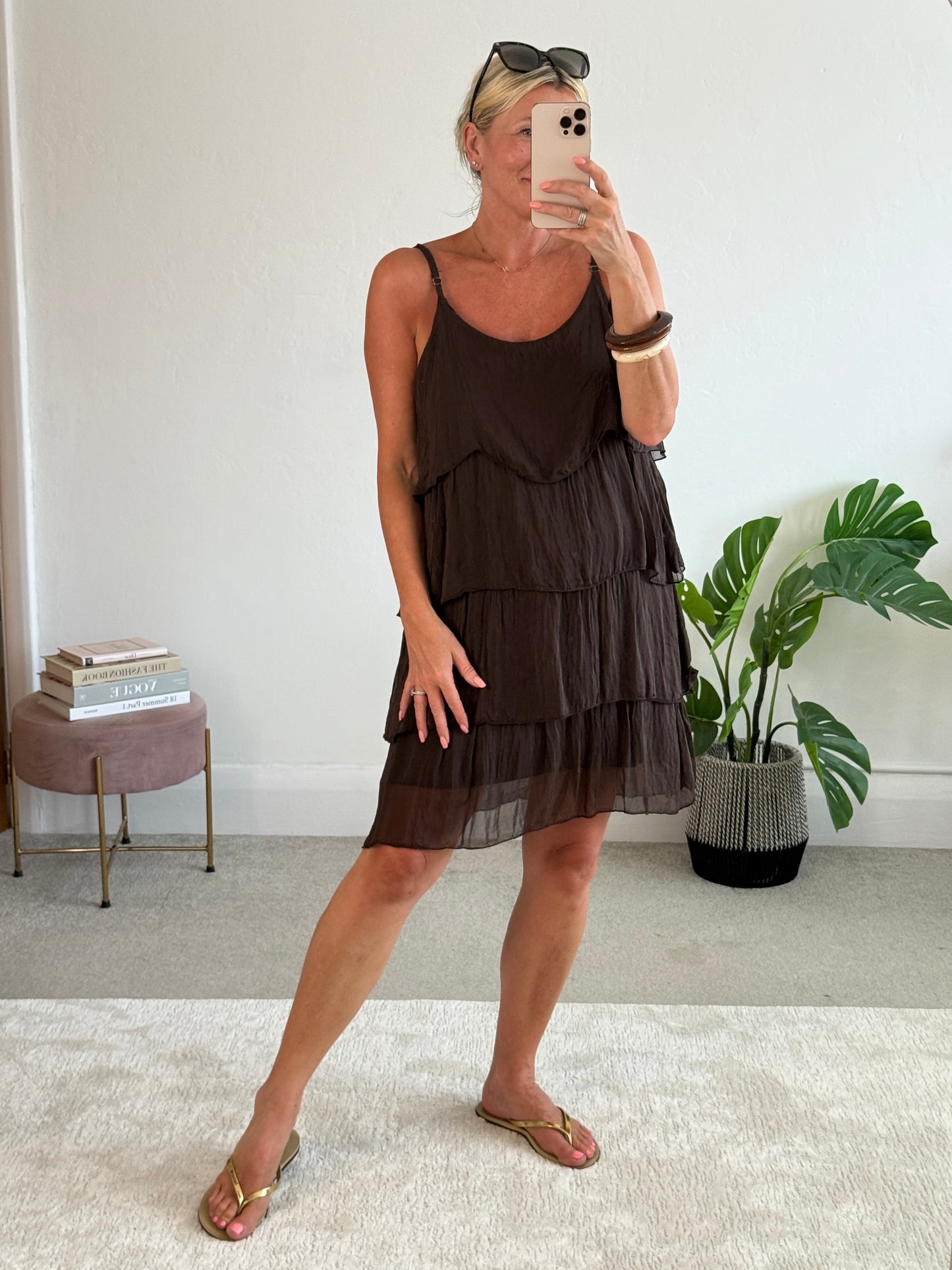 Chocolate Silk Mix Strappy Frill Dress