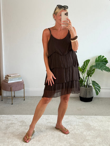 Chocolate Silk Mix Strappy Frill Dress