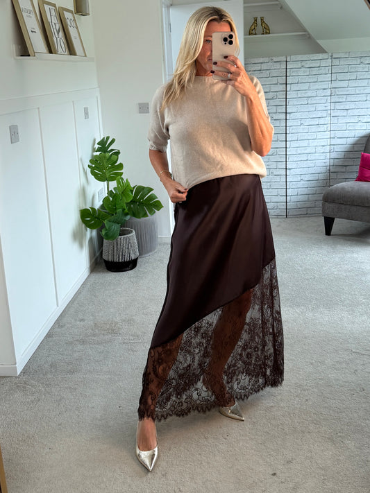Chocolate Satin Asymmetric Lace Detail Maxi Slip Skirt