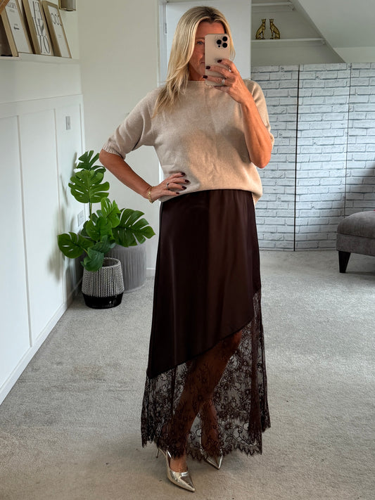 Chocolate Satin Asymmetric Lace Detail Maxi Slip Skirt