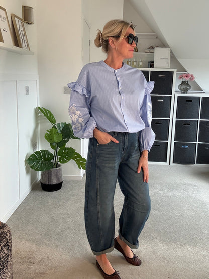 Blue Pinstripe Embroidered Sleeve Shirt