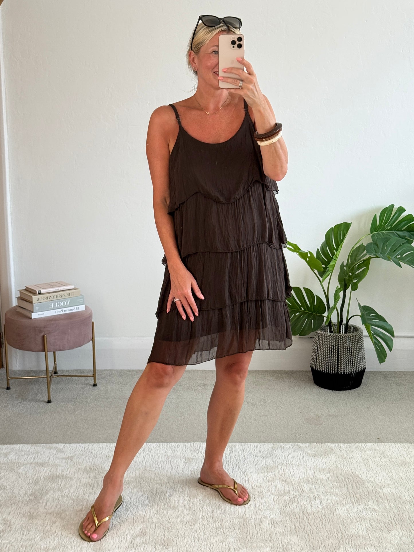Chocolate Silk Mix Strappy Frill Dress