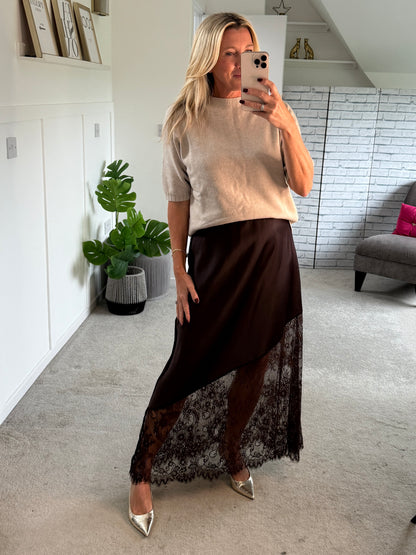 Chocolate Satin Asymmetric Lace Detail Maxi Slip Skirt