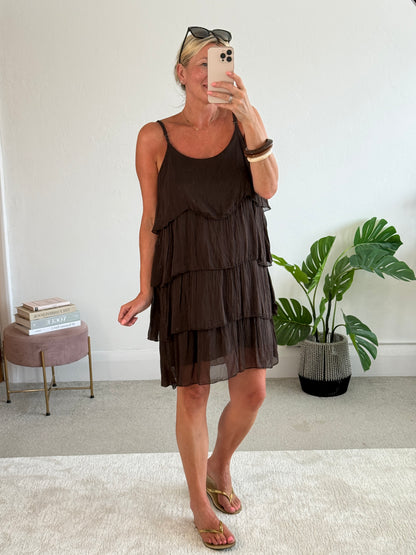 Chocolate Silk Mix Strappy Frill Dress