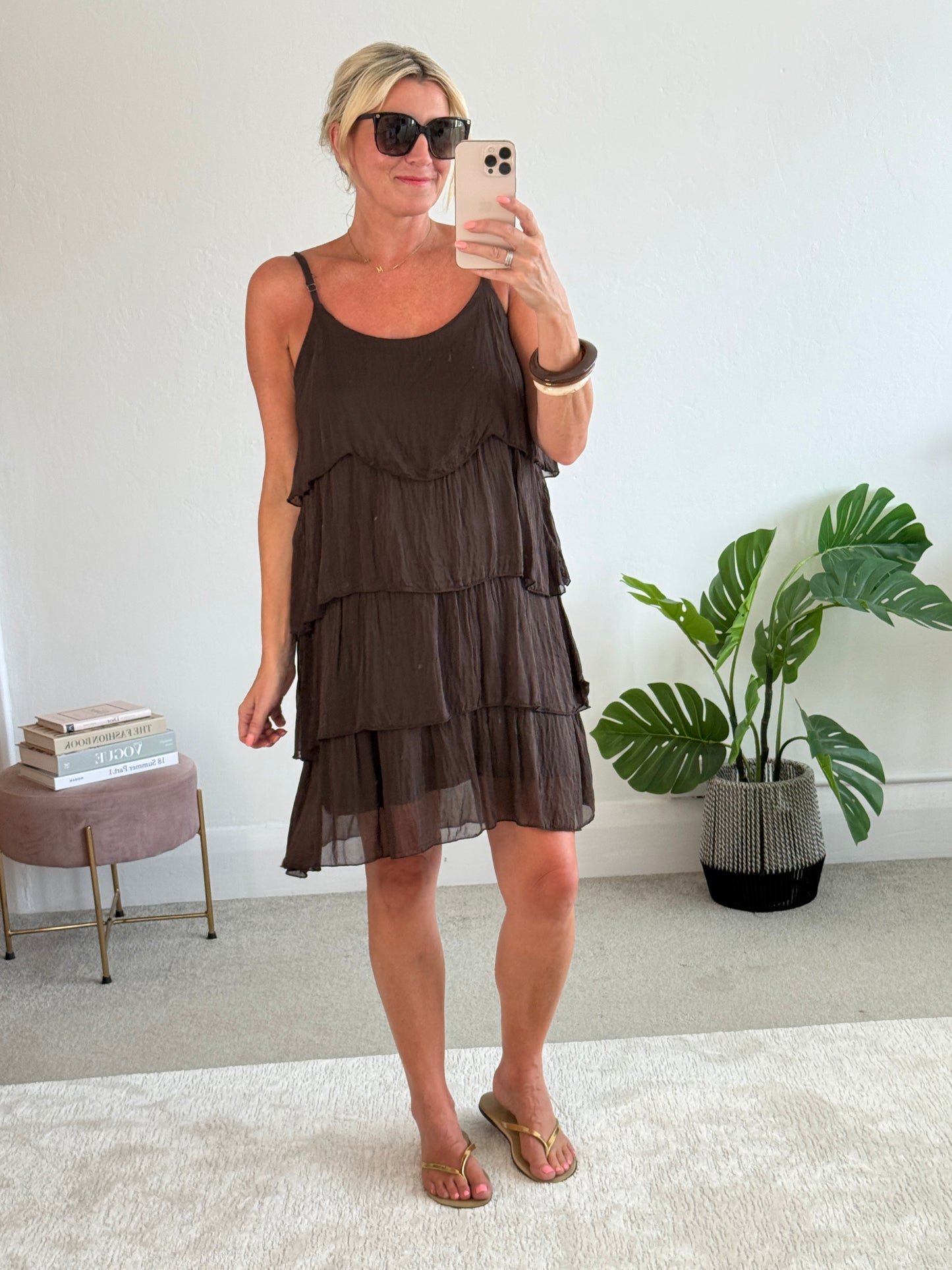 Chocolate Silk Mix Strappy Frill Dress