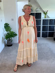 Sand/Neon Orange Ruffle Neck Palm Grecian Dress