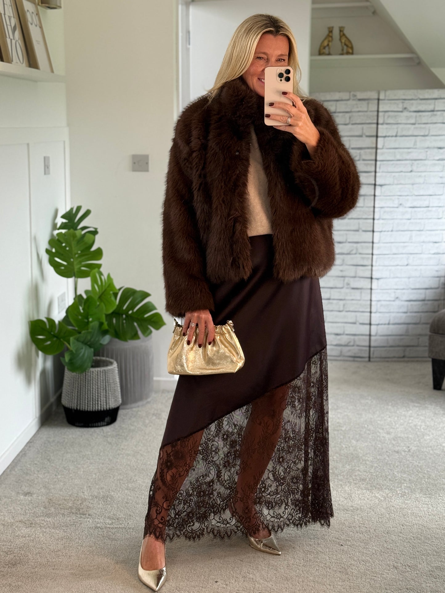 Chocolate Satin Asymmetric Lace Detail Maxi Slip Skirt