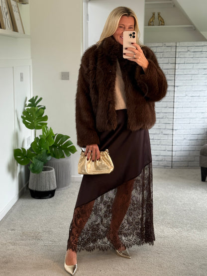 Chocolate Satin Asymmetric Lace Detail Maxi Slip Skirt
